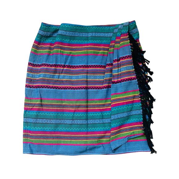 90s Vintage Boho Mini Skirt Aztec Striped Fringe Pleated Cotton Colorful Large - Picture 2 of 9